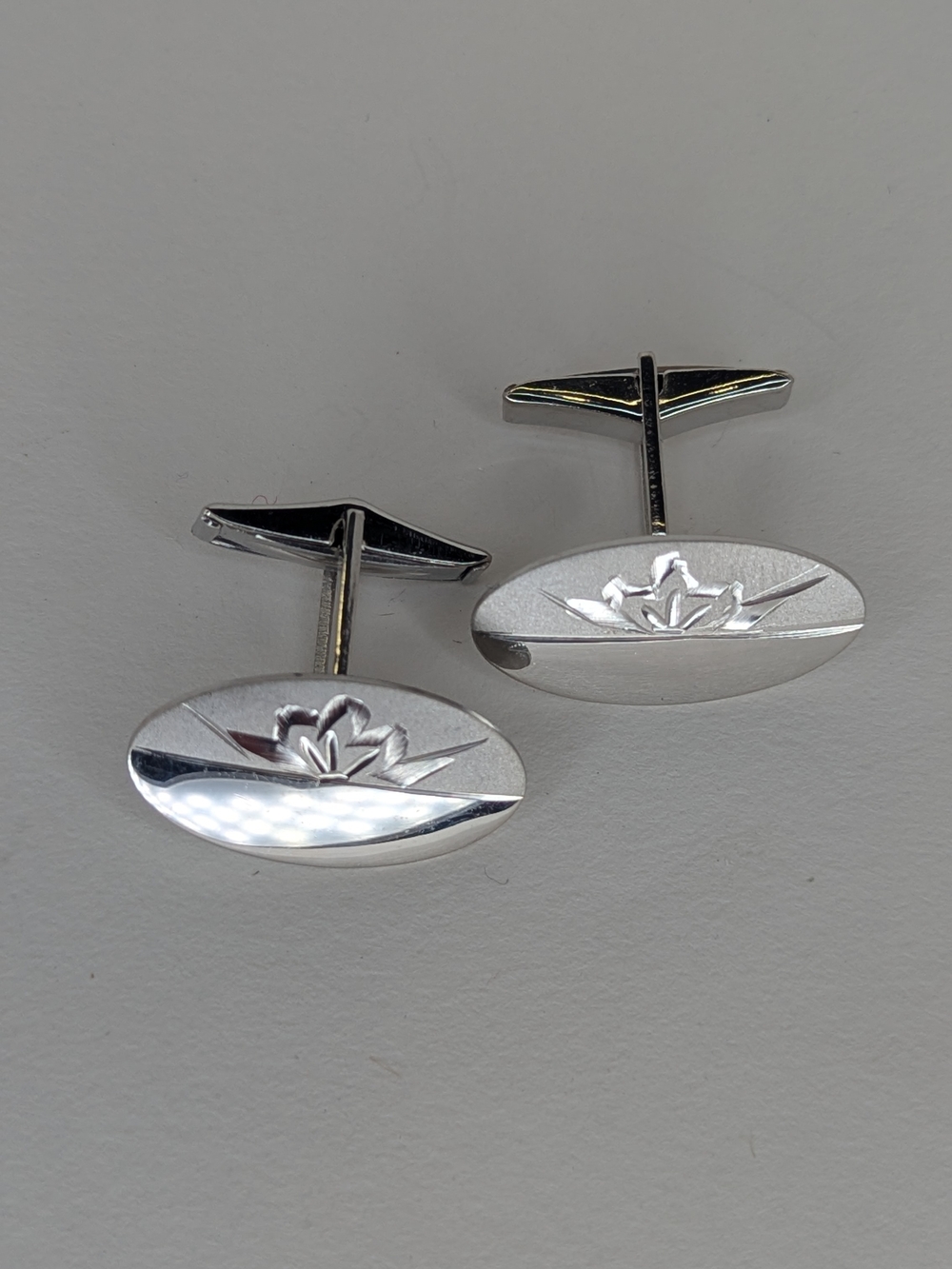 Silver Lotus Engraved Oval Cufflinks - Men Accessories
